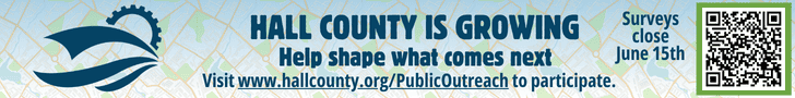 Banner graphic with the headline “Hall County is Growing — Help shape what comes next.” Includes a call to action to visit hallcounty.org/PublicOutreach to participate, a note that surveys close June 15th, a QR code on the right, and a stylized logo on the left over a light map background.