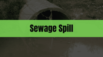 Graphic with the text "Sewage Spill" on a green rectangle and a sewage outlet in the background.
