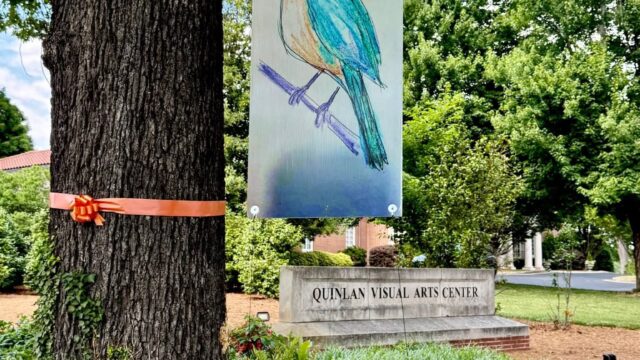 Ann Alexander's drawing of a saddened bluebird dots properties along Green Street. (Photo by Kristine Aldridge Alexander)
