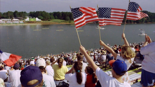 Part of crowd at one of the Olympics events held on Lake Lanier 30 years ago this summer.  (File photo exploregainesville.org)