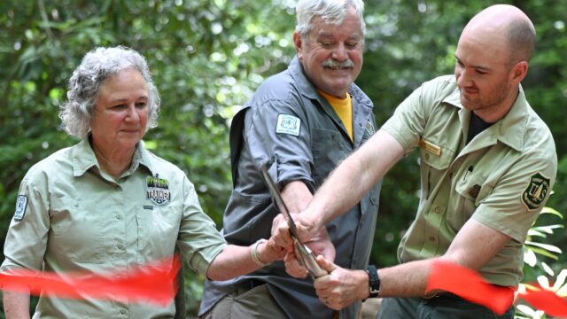 The trail relocation project was completed through a partnership among the USDA Forest Service, Appalachian Trail Conservancy, Georgia Appalachian Trail Club. (L-R: Christine Ramsey, GATC maintainer for this trail section, Jay Dement, GATC district leader for District 6, and John Stephens, recreation program manager for the Blue Ridge Ranger District, Chattahoochee-Oconee National Forest. (USDA Forest Service photo by Laura Fitzmorris)