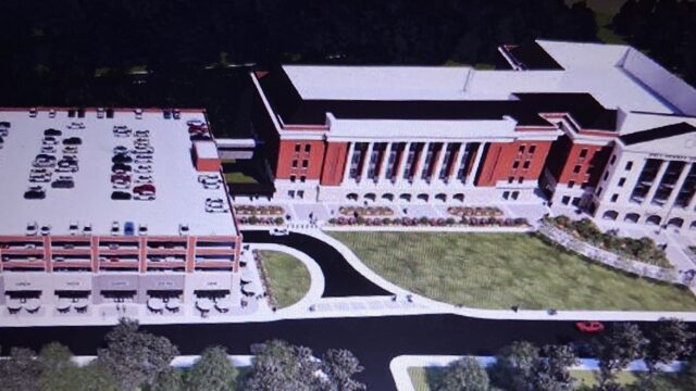 Artist rendering of new courthouse with adjacent parking deck.
(Hall Co. Government document)