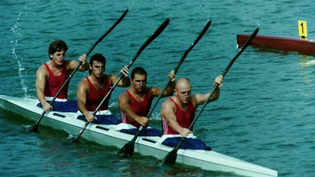 Unidentified canoe team participating in the 1996 Summer Olympics on Lake Lanier. (Lake Lanier Olympic photo)