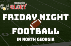 Friday Night Football in North Georgia graphic with football field background and 97.5 Glory WGTJ Radio logo