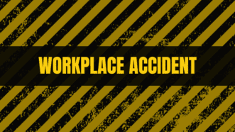 Bold yellow text reading “WORKPLACE ACCIDENT” centered over a black band, with diagonal yellow and black hazard stripes and a distressed grunge texture in the background.