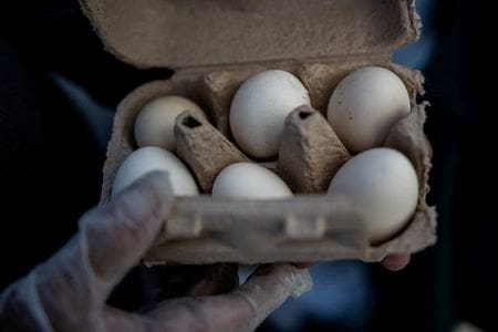 FILE PHOTO: A vendor holds fresh eggs at a farmers' market in the U.S., March 8, 2025. REUTERS/Carlos Barria/File Photo