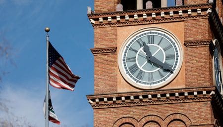 FILE PHOTO: The clock tower of St. Andrew's Catholic Church is pictured in Pasadena, California, U.S., January 24, 2018. REUTERS/Mario Anzuoni/File Photo