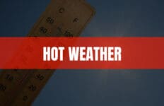 Text that says Hot Weather on a red rectangle with a thermometer and the sun in the background