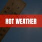 Text that says Hot Weather on a red rectangle with a thermometer and the sun in the background