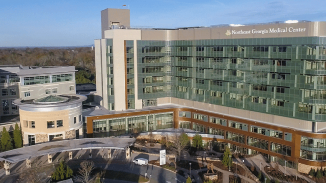 Northeast Georgia Medical Center Green Tower (r) and Blue Tower (l) fronting on Downey Boulevard.  (NGHS photo) 