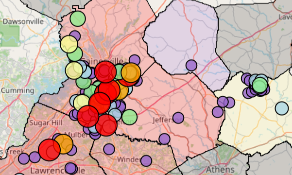 Jackson EMC outage map as of 6:30 Saturday evening.

